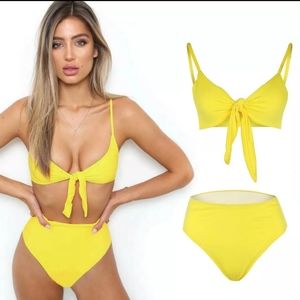 High Waist Front Tie Cheeky Bikini Yellow
